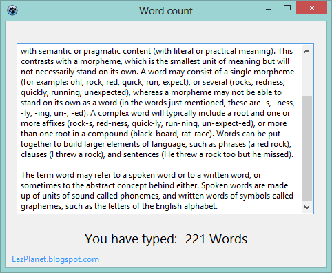 Word count showing for the input