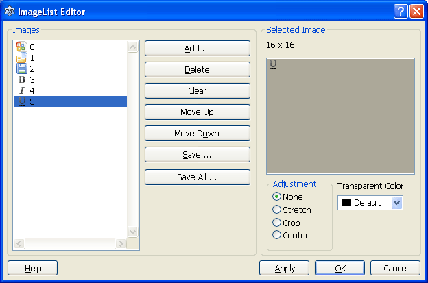 Toolbar icons in the Image List editor