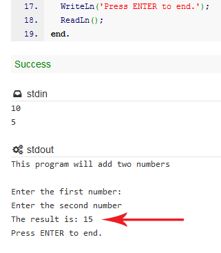 The code is able to add the 2 values we put in stdin