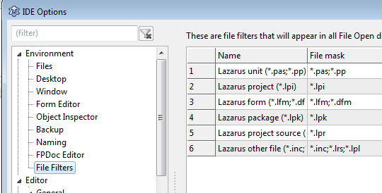 Lazarus IDE File Filters option