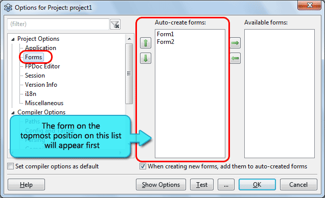 How to set the default form to form2 in Lazarus 