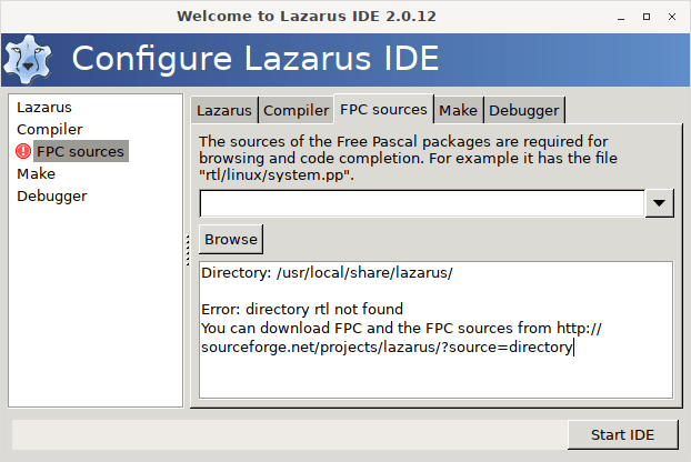 Lazarus welcome dialog showing red icon beside FPC sources