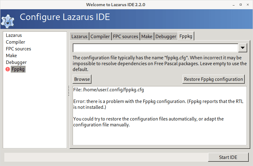 Lazarus 2.2.0-0 Fppkg configuration screen on startup